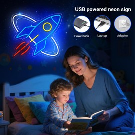 GrazyGazelle Rocket Neon Signs for Wall Decor, Space Universe Decor Neon Sign Light for Boy’s Bedroom, Gifts for Teen Kids, Dimmable USB Powered LED Light (Z001)