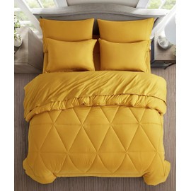 Chezmoi Collection Jasper Mustard Yellow Full Size Bed in a Bag 7-Pieces Triangle Geometric Quilted Stone Washed Microfiber Comforter with Sheets Lightweight All Season Bedding Set