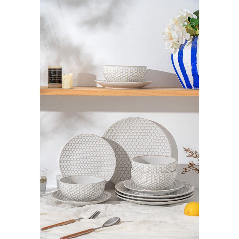 FOBENTA Ceramic Dinner Plates Set of 4,Lena Porcelain Dinner Plates,Embossment