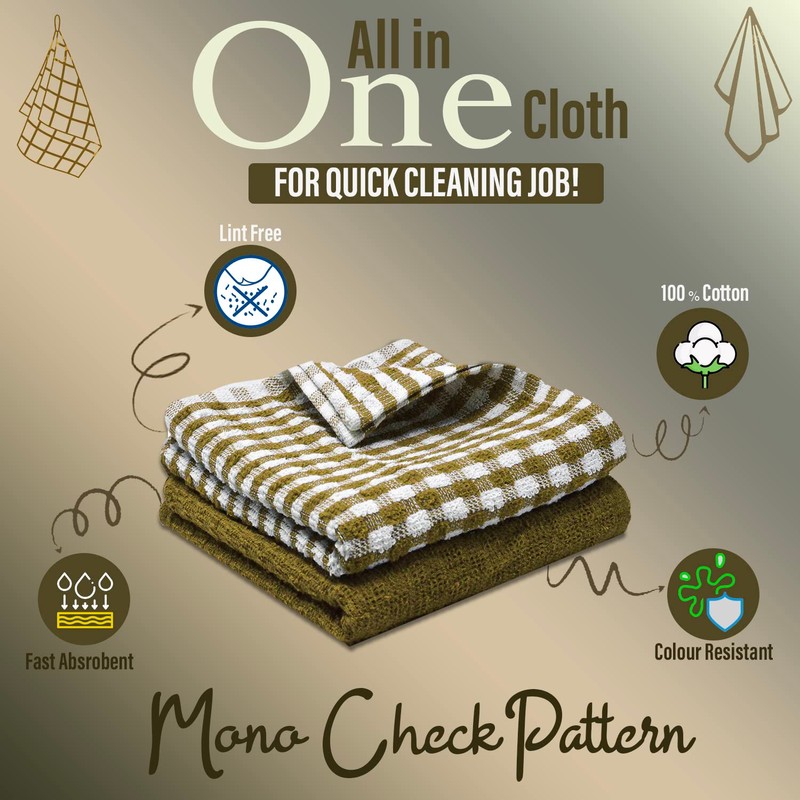 2 Pack Kitchen Towel Cotton Terry Tea Towels Brown/White Monocheck
