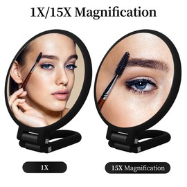 MGLIMZ 1X 15X Magnifying Hand Held Mirror,Double Side Folding Hand Mirror for Women with Adjustable Handle,Travel Table Desk Shaving Bathroom (Black)