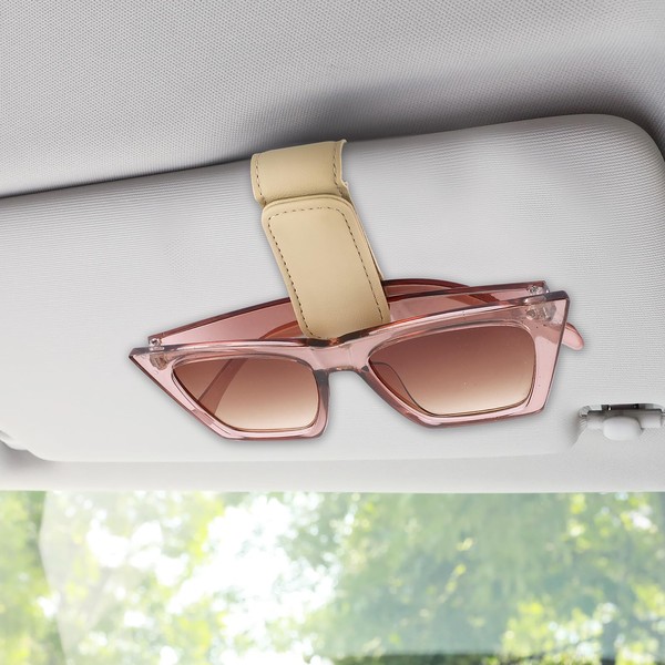 Prasacco Sunglass Holder for Car Visor Magnetic Leather Car Sunglasses Holder Eyeglass Holder Ticket Card Clip Car Visor Accessories Car Interior Accessories Car Essentials for Women Men, Beige