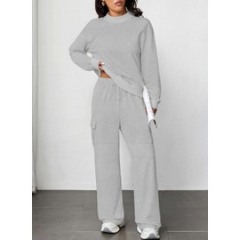 Aleumdr Womens 2 Piece Sweatsuit 2025 Fall Outfits Lounge Matching Set Mock Neck Top Wide Leg Sweatpants With PocketsTracksuit Light Grey Large