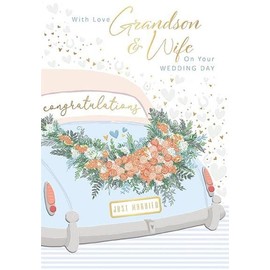 Words 'n' Wishes 'Grandson & Wife' Wedding Day Congratulations Card - Wedding Car & Flowers Embossed with Foil - Eco-Friendly - Made in Great Britain