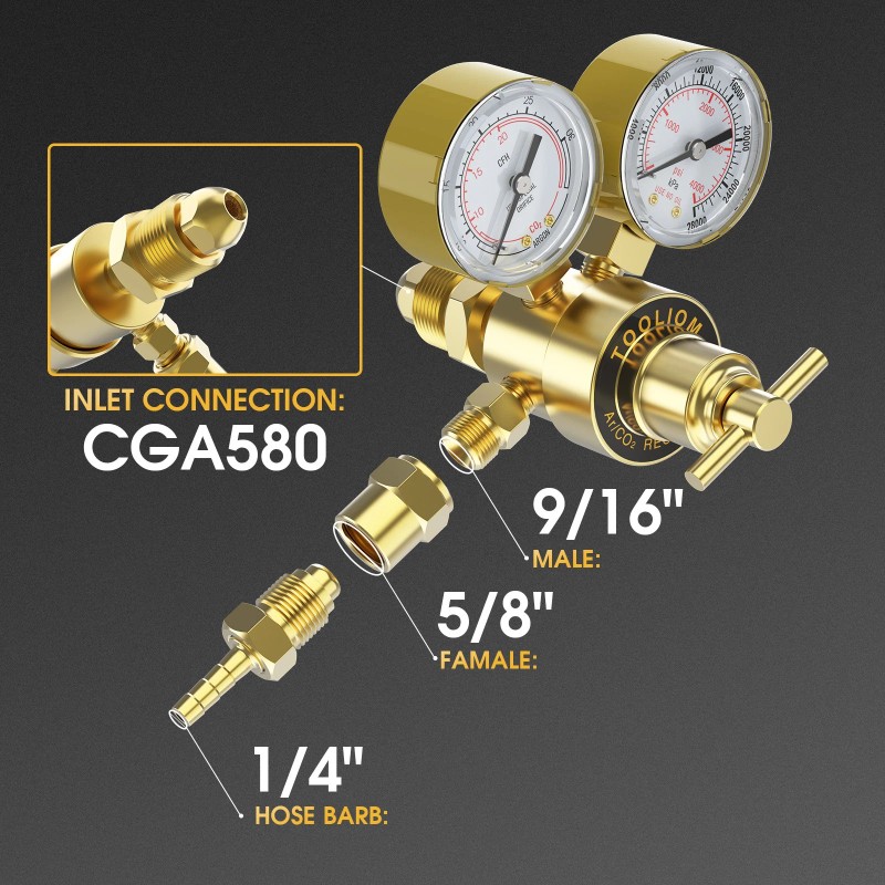 TOOLIOM Argon/CO2 Regulator 0-4000 PSI CGA580 for MIG/TIG Welding, Brass