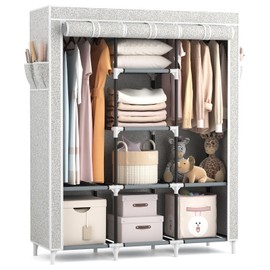 VTRIN Portable Closet Wardrobe for Hanging Clothes with 2 Hanging Rods and 8 Storage Organizer Shelves,Free Standing Clothes Rack with Cover Sturdy Large Wardrobe Closet for Bedroom,Printing