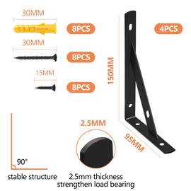 4 Pcs Wall Shelve Brackets Heavy Duty Floating Shelf Brackets Supports Screws and Wall Plugs Set 90 Degree Angle Metal Brackets Black（95x150mm）
