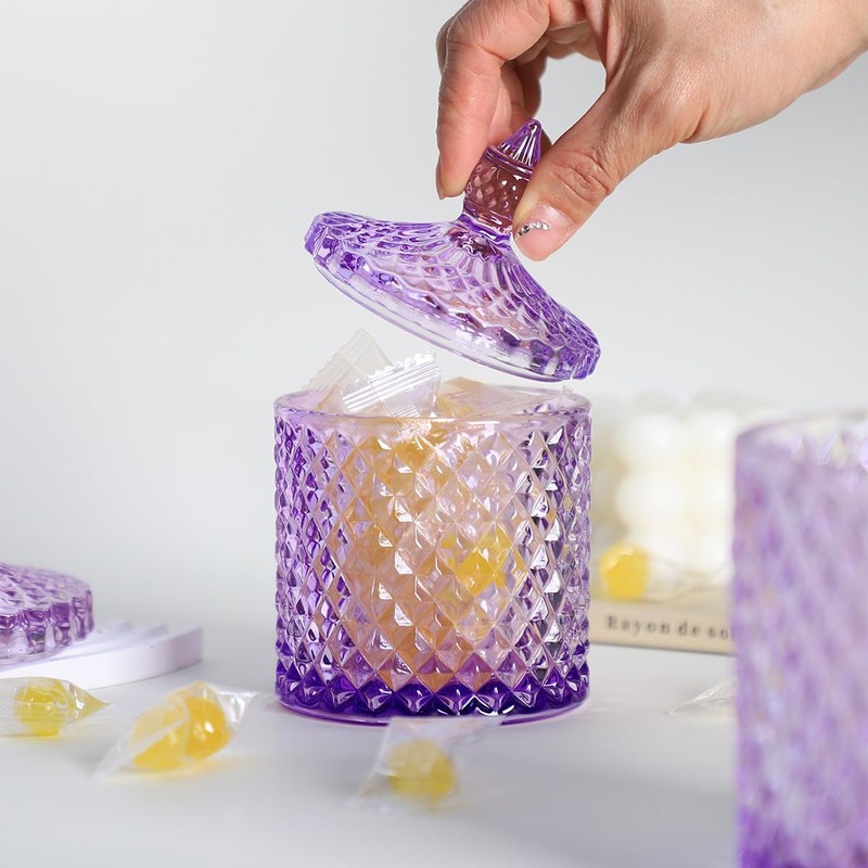 Sizikato Diamond Faceted Glass Candy Jar with Lid, 10oz Purple
