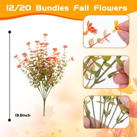 12 Bundles Artificial Fake Mums for Outdoors No Fade Fake Plants, UV Resistant Faux Plastic Fall Flowers for Home Planters Porch Garden Patio Window Box Yard Autumn Decor(Fall Red)