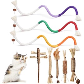 Juguetes para Gatos Gato Catnip Dientes Limpieza,Hierba Gatera Palitos para Masticar Limpieza Dientes,3 Cuerdas de Mordida para Gatos y 5 Palitos Masticables Naturales de Matatabi