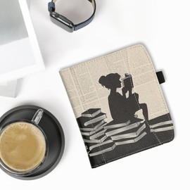 kwmobile Flip Case Compatible with Pocketbook Era/Era Colour - Front Compartment Hand Strap - Woman Reading Black Beige