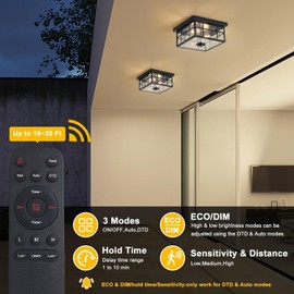 YJXGDIL Outdoor Ceiling Light: Upgraded Motion Sensor Porch Light Fixture with Remote Control 4 Lighting Modes Flush Mount Ceiling Light Fixture with Clear Glass for Porch, Driveway, Patio, Farmhouse