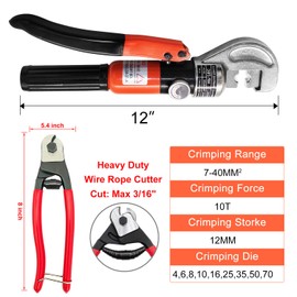 CKE Upgraded Hydraulic Crimping Tool/Hydraulic Crimper for 1/8" 5/32" 3/16" Stainless Steel Cable Railing Fittings Hardware, 10 Ton Stainless Steel Battery Cable Wire Crimping Tool with 11 Dies HC05