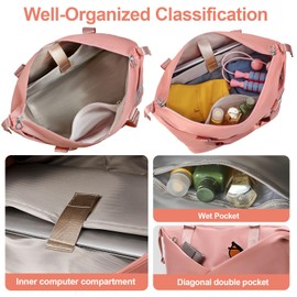 FIORETTO Womens Travel Bag Duffle Bag with Laptop Compartment, Water Resistant Gym Bag Weekend Bag Overnight Hospital Bag Holdall with Separated Shoes Compartment & Wet Pocket Pink