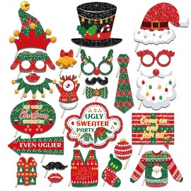 Losuya 25pcs Christmas Ugly Sweater Photo Booth Props Santa Hat Ugly Christmas Sweater Party Props Merry Christmas Party Accessories