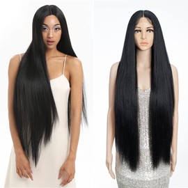 FASHION IDOL 95 cm Super Long Straight Wigs Lace Front Wigs for Women 11 cm Deep Middle Part Wig Yaki Synthetic Wig