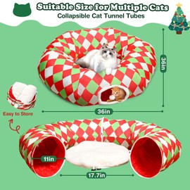 Christmas Cat Tunnel Bed Peekaboo Cat Cave Donut Under Christmas Tree with Washable Cushion Green Elf Design Festive Decor Perfect for Small Medium Large Cats, Kittens, Rabbit, Ferret