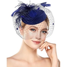 Fascinator Hats 20s 50s Derby Hat Pillbox for Women Tea Party Cocktail Hat with Feather mesh Veil for Wedding Church (US, Alpha, One Size, Navy Blue)