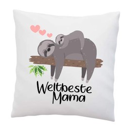 Cushion with Saying “Weltbeste Mama” – Sloth – Decorative Cushion – White 40 cm x 40 cm – Love – Optimal Gift – Mother's Day – Birthday – Christmas