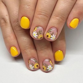 Yellow Press on Nails Short Square Fake Nails with White Flower Leaves Desgins Nude Nails Press ons Glossy Glue on Nails Spring Acrylic Nails Artificial Stick on Nails for Women 24Pcs