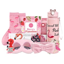 Flamingo Gifts Set for Women with Positive Crochet Flamingo, Keyring, Water Bottle, Socks, Bath Bomb, Bath Salt, Sleep Eye Mask, Scrunchies, Pink Headband and Affirmation Card