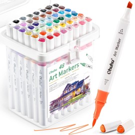 Ohuhu Ohuhu Brush Markers Alcohol Based: Double Tipped Art Sketch Drawing Marker for Artists Adults Beginners Coloring Landscape Architectural Design - Brush& Chisel - 48-color w/Marker Storage Case