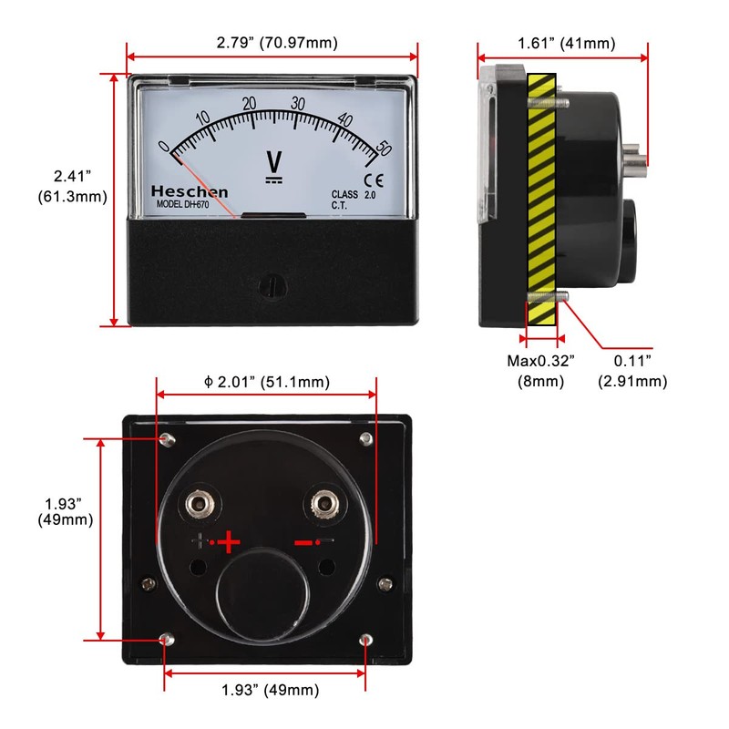 Heschen Rectangular Voltmeter Analog Panel Volt Voltage Meter 670 style