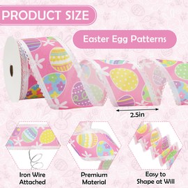 JarThenaAMCS Easter Lace Wired Edge Ribbon Colorful Egg Floral Craft Ribbon 2.5 Inch Cute Pink Fabric Ribbon for Spring Wreath Bow DIY Wrapping Party Decor, 12 Yard