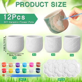 Zubebe 12 Pcs Paint Your Own Ceramic Pots Bulk Unfinished Succulent Pots Craft Kit with Drainage Hole Mini Paintable Plant Vase Ready to Paint Planter for Cactus DIY Craft (Nordic Embossed)