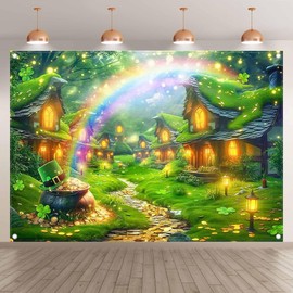 Luminora 7x5ft Fabric St. Patrick's Day Village Backdrop Lucky House Grassland Rainbow Irish Shamrock Gold Coin Photography Background Holiday Party Decorations Photo Props