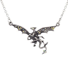 LUX ACCESSORIES Burnish Silvertone Rhinestone Dragon Gothic Mystical Necklace
