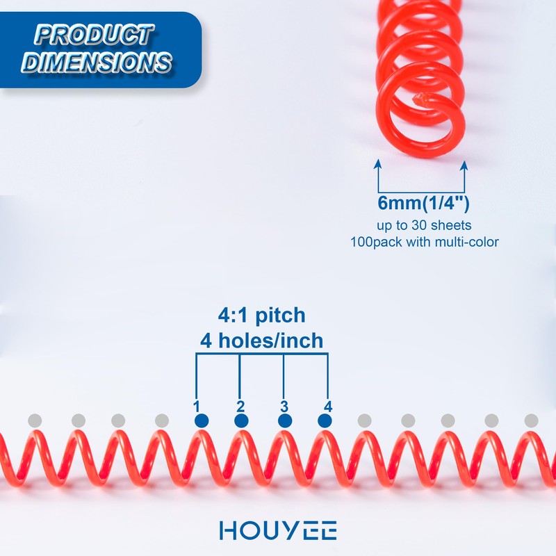 HOUYEE 100 Pack, Plastic Spiral Binding Coils,6mm(1/4 "),30 Sheet Capacity,4:1