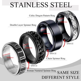 4Pcs Anxiety Fidget Ring Set Rings for Men Plaid Spinner Cool Stainless Steel Rings for ADHD Stress Relieving Hip Hop Jewelry,Clock 7