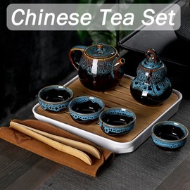 Chinese Kongfu Tea Set,Portable Porcelain Travel Tea Set with Tea cup, teapot, tea caddy, Bamboo Tray,Tea Clip,Tea towel and Carrying Bag Suitable for Travel, Home,Outdoor and Office