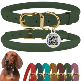 BRONZEDOG Rolled Leather Dog Collar with QR ID Tag Adjustable Soft Round Collars for Small Medium Large Dogs Puppy Cat (Emerald Green, 23-28 cm)