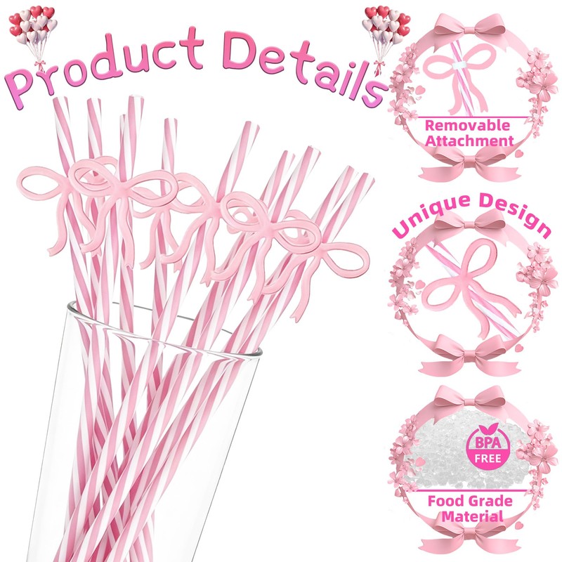 24 Reusable Crazy Drinking Straws for Kids Pink Bow Birthday
