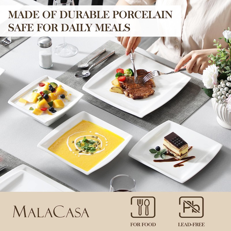 MALACASA Dinnerware Sets, 30 Piece Ivory White Plates and Bowls