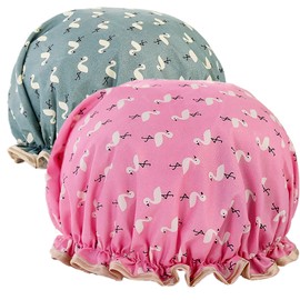2 Pcs Bath Caps Double Layers, Elastic Band, Waterproof Shower Caps With Ruffled Edge Covering Ears, Keeping Hair Dry & Kitchen Oil-proof Cap For Women And Girls