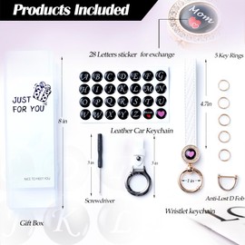 HONYJOOM Leather Wristlet Keychains, Women Car Key Fob Keychain with Letter, Cute Leather Key Chains Holder, Set of 2, White, 7*1.4*0.5