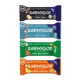 RAWMYGOD Fruit and Nut Bars, Gluten Free, Vegan, No Added Sugar (16 bars, Protein Pack - 4 Orange & Hazelnut, 4 Fruit & Nut, 4 Chia & Choco, 4 Peanut & Cacao)