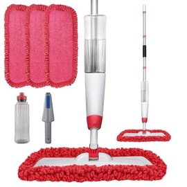 Spray Mops for Floor Cleaning, Microfiber Spray Cleaning Mop Kit with 3 Reusable Washable Pads 700ML Refillable Bottle and Scrubber Flat Mop with 360 Degree Swivel Head for Hardwood Laminate (Red)