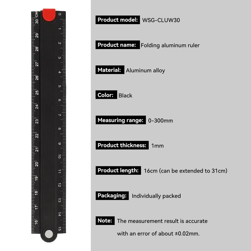 30cm Folding Ruler, 90° Foldable Metal Aluminum Ruler 0-300mm Length
