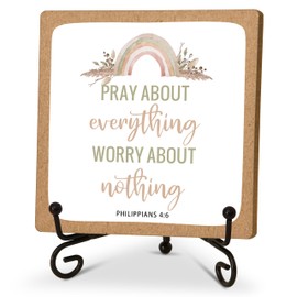 Christian Desk Decor, Pray About Everything Worry About Nothing Sign, Christian Room Decor, Christian Gifts for Women Men Family Friends, Funny Wooden Sign for Home Office Decoration Shelf-A08