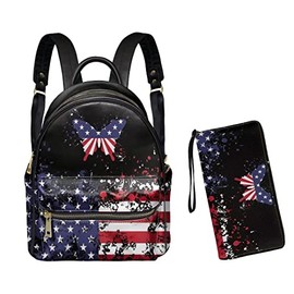 GLENLCWE American Flag Butterfly Women's Men Leather Mini Backpack Purse with Matching Wallet,Large Capacity Zip Handbag Wallet,Lightweight Travel Daypack