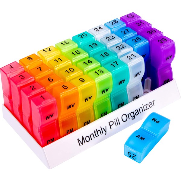 Monthly Pill Organizer For 30 Day, 2 Times a Day, One Month Pill Case AM PM, Travel 4 Week Pill Box, 31 Day Pill Medicine Container Vitamins Holder for Fish Oil, Medications and Supplements