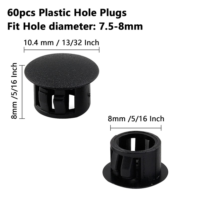 Cjueiom 60pcs 8mm / 5/16" Hole Plugs Black Plastic Hole