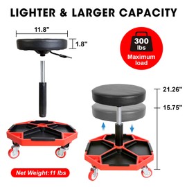 BIG RED ATRXF8308R Torin Heavy Duty Pneumatic Garage Rolling Stool/Creeper Seat with Removable Plastic Tray, 300 lb Capacity, Black/Red