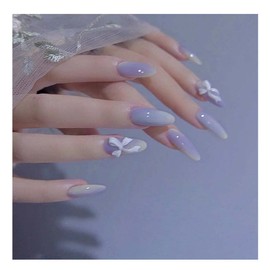 Glossy Long Press On Nails With Designs,Bowknot Fake Nails Full Cover Gradient Blue Nails for Women and Girls,24pcs Artificial Acrylic Nails