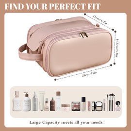 Large Capacity Makeup Bag Portable Travel Cosmetic Bag, Makeup Bag for Women, Waterproof Travel Cosmetic Organizer, Open Flat Toiletry Bag with Free-Standing Brush Holder Divider and Handle,Pink