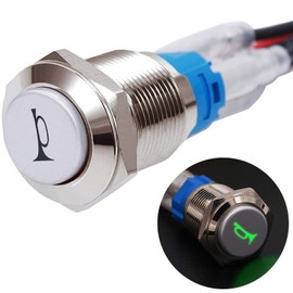 mxuteuk 16 mm Raised Speaker Horn Momentary Push Button Switch 5/8 Inch Mounting Hole 12 V Green LED Light Silver Stainless Steel Housing 1NO 1NC SPDT, Car Switch with Pre-Wired for Car Modification